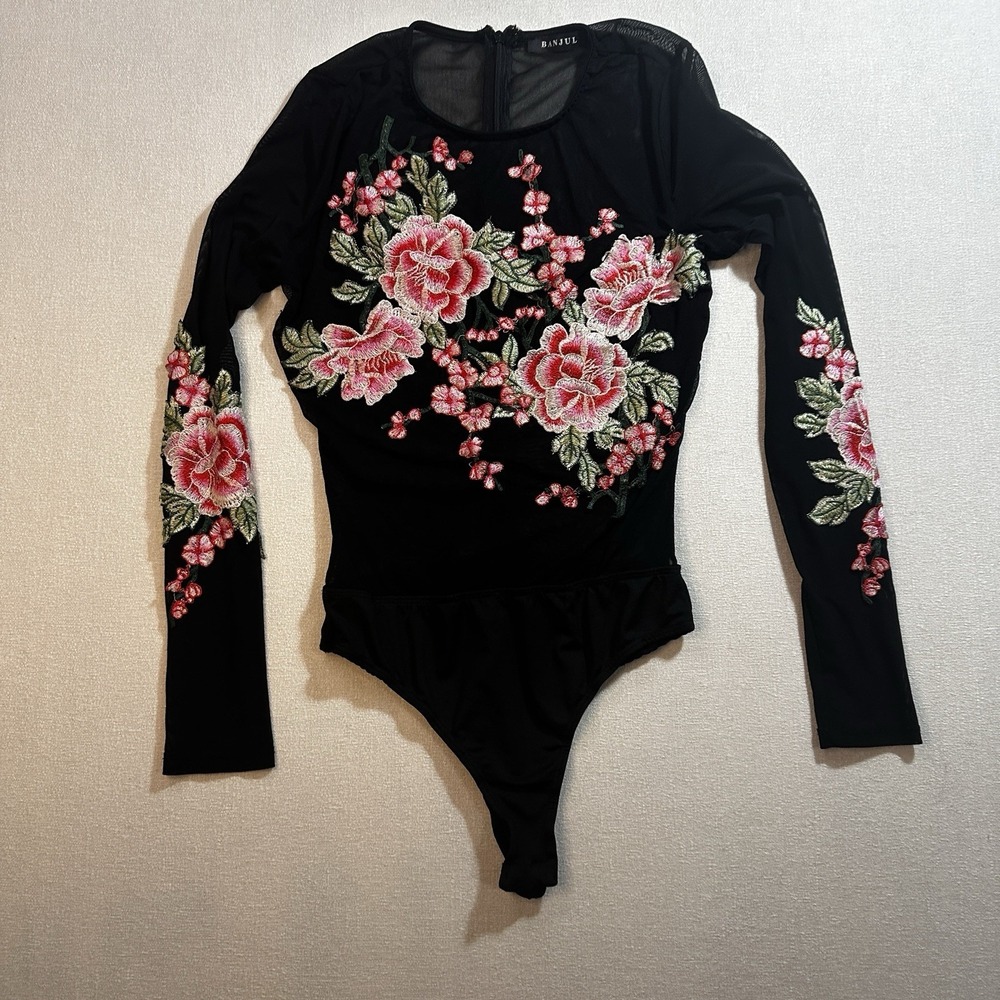 BANJUL Black‎ Mesh Bodysuit With Pink Floral Embroidery Women's Small